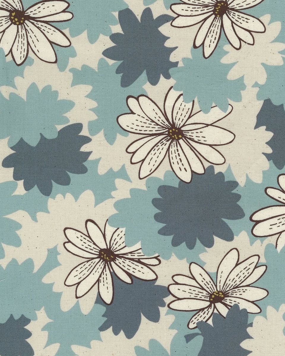 KOKKA Beige canvas med hvite og turkise blomster
