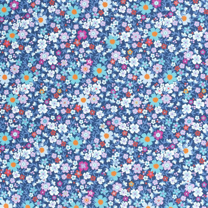 Hovedbilde Bomullspoplin, printed flowers, indigo