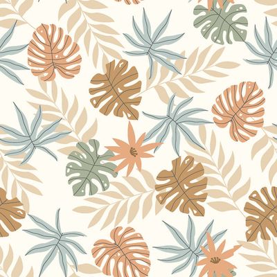 Bomullspoplin, printed leaves, offwhite