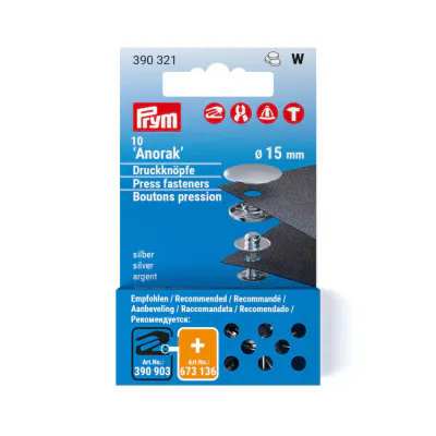 Prym - Refill Anorak Trykknapper 15mm Sølv 390321